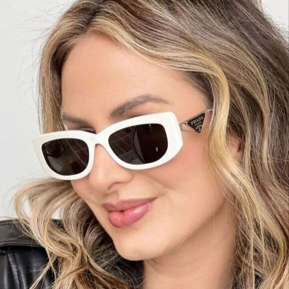 NEW Prada PR14YS 1425S0 Talc Dark Grey Rectangle Women Sunglasses - Picture 1 of 13